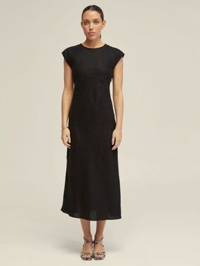 EVERLANE Classic Black linen Cap-Sleeve Midi Dress